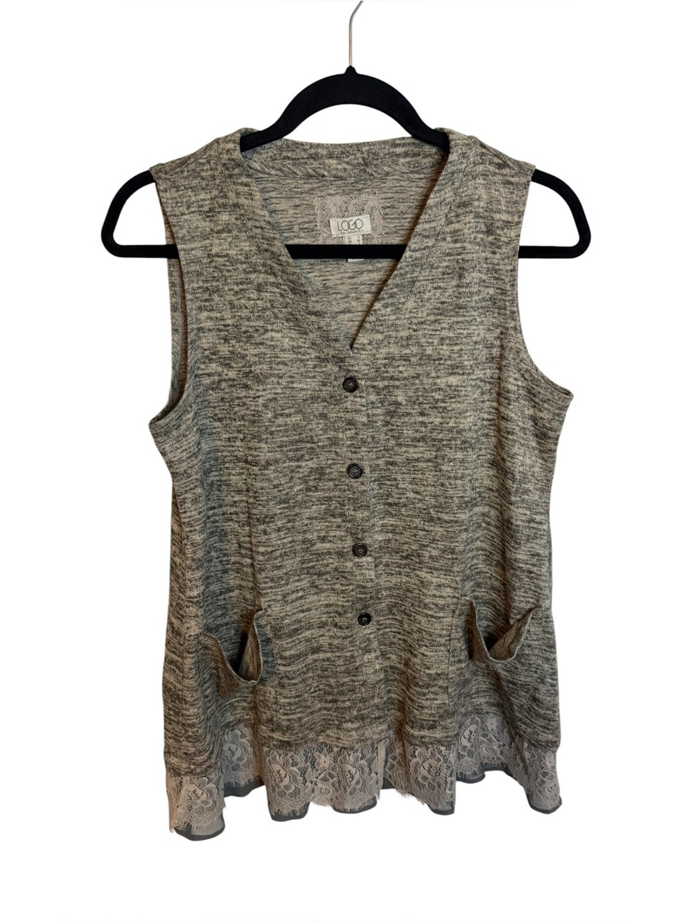 Logo Lori Goldstein Taupe Lace Trim Lightweight Vest